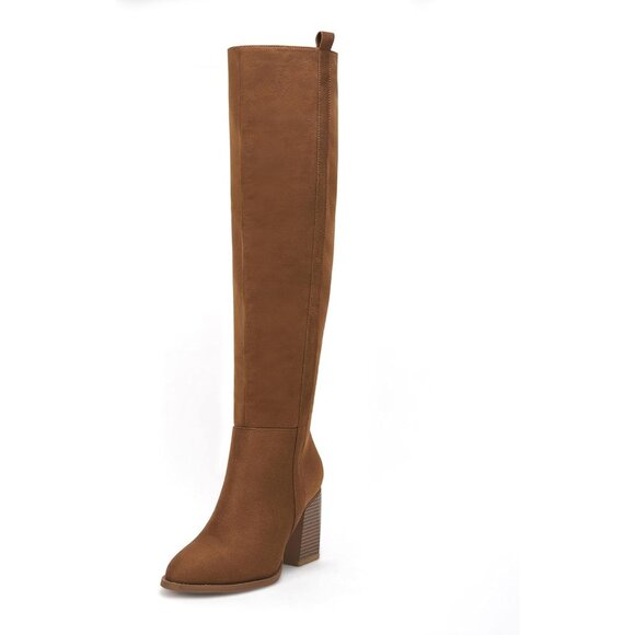 Womens Brown Faux Suede Knee High Side Zipper Chunky Heel Stretch Winter Boots - Picture 1 of 7